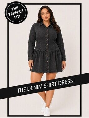 love, Fire Black Button-Front Long Sleeve Denim Shirt Dress